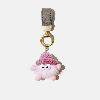 Adorable fluffy pink plush leather car keychain - Cute accessory for car lovers