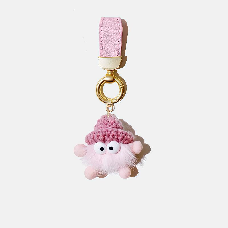 Adorable fluffy pink plush leather car keychain - Cute accessory for car lovers