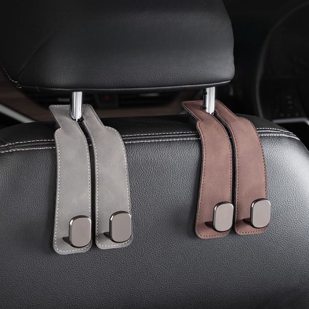 Suede Leather Car Seat Hook with Metal Clip – Minimalist Multipurpose Backseat Hanger for Bags, Coats, and More