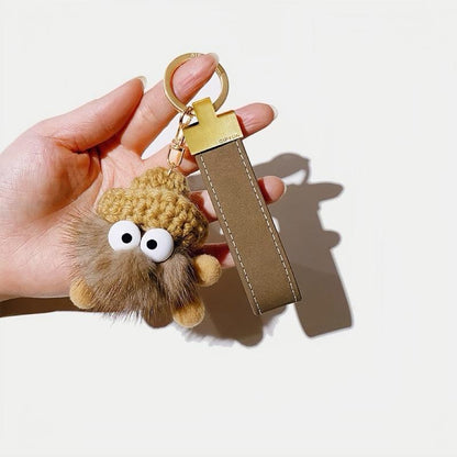 Adorable fluffy pink plush leather car keychain - Cute accessory for car lovers